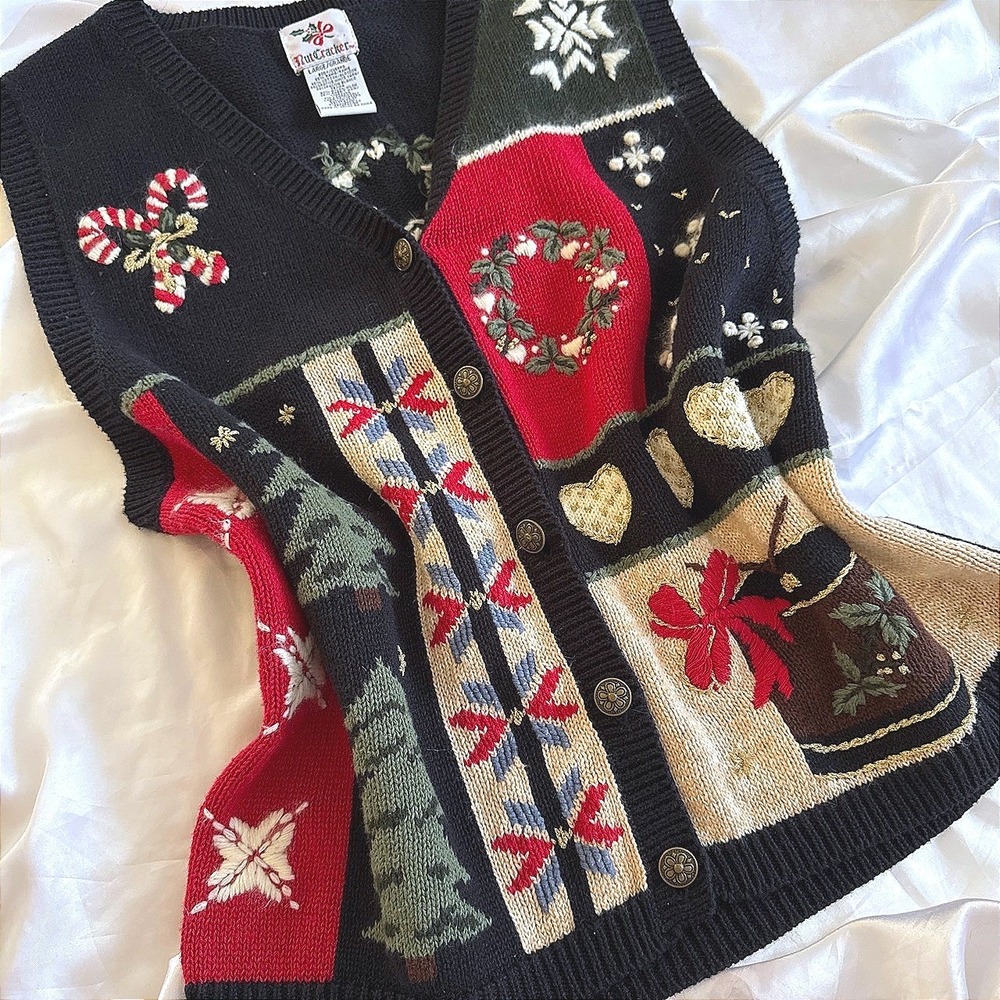 Nutcracker Vintage Christmas Sweater Vest Patchwork Embroidery Black Large